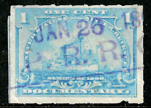"JAN 26 RR" Railroad Date Cancel Battleship Revenue 1 Cent US 83A14