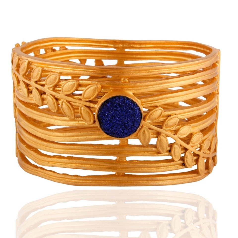 Brazalete con cable de oro de 18 quilates genuino azul brillante diseño de hoja cruzada druzy Foto 1 de 4