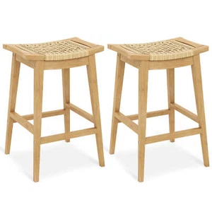 2PCS 29" Teak Wood Bar Stool w/ Footrest & Saddle Seat Boho Bar Height Stool - Picture 1 of 9