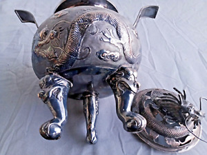 Chinese Silver Censer Qing 19th C Dragon Finial  22.5 cm 8.85" Marked Figural
