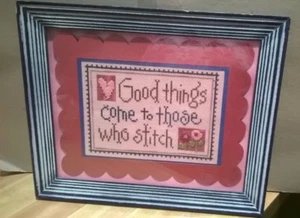 Cross Stitch and Beads Picture Framed "Good Things Come to Those Who Stitch" - Picture 1 of 7