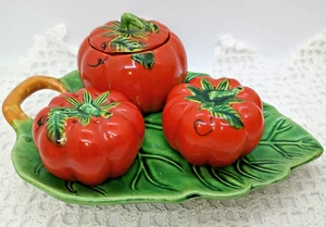 Occupied Japan Tomatoes Salt & Pepper and Condiment Container Leaf Tray Vintage - Picture 1 of 8