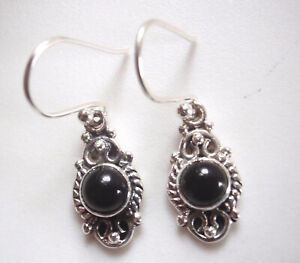 Round Black Onyx 925 Sterling Silver Dangle Earrings Small