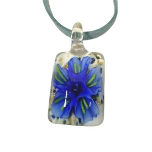 Choker Necklace Glass Pendant Amulet Blue Flower Handblown Art Glass Jewelry - Picture 1 of 12