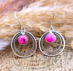 Hot Pink Stone Double Loops 925 Earring - Picture 1 of 10
