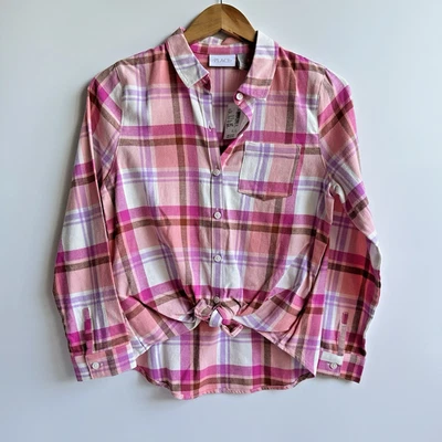 NWT The Children’s Place Girls Plaid Button Up LS Shirt Size 16 Pink Tie Front - Image 1 of 4