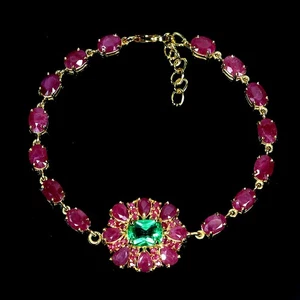 925 Sterling Silver Bracelet Antique Green Topaz 9x7mm Ruby Gemstone Jewelry 7.5 - Picture 1 of 14