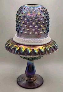 Vintage Fenton Purple Iridescent 3 Piece Hobnail Footed Fairy Lamp Milk Glass - Picture 1 of 24