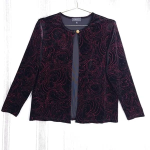 VTG Christmas Jacket Womens Large Black Velvet Red Glitter Rhinestone Holiday - Picture 1 of 9