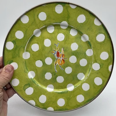 De Colección Mackenzie Childs Difícil de Encontrar Metal Esmalte Musical Insecto Plato Verde Blanco Lunares Foto 1 de 4