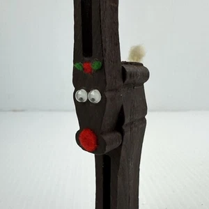 Spilla vestiti legno Rudolf naso rosso renna ornamento vintage legno scuro - Foto 1 di 7