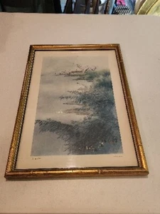 SPRING LAKE CHANG SHU CHI GOLD FAUX BAMBOO FRAME ASIAN CRANES BAMBOO CHERRY BLOS - Picture 1 of 6