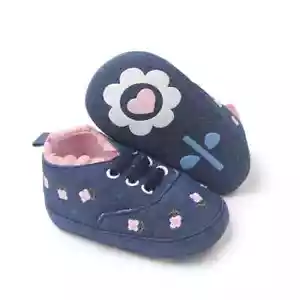Blue Infant Baby Girl Floral Crib Shoes Soft Sole Anti-slip Sneakers Canvas - Picture 1 of 5