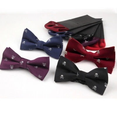 Men's Punk Skull Bowtie Pocket Square Hanky Set Party Funky Bow Tie Handkerchief - Image 1 of 3