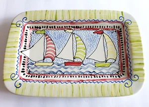Caroline Forbis Hand Signed Sailboats Platter Rectangle Ceramic Vintage Dish - Picture 1 of 11