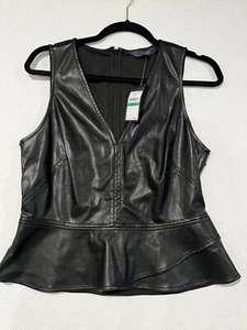 Rachel Roy Black Faux Leather Sleeveless Top V Neck Western Festival Large NWT - Picture 1 of 13