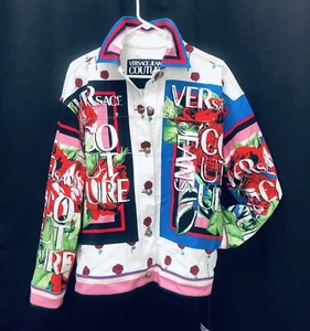 VERSACE JEANS COUTURE Rose Print Spread Collar WhiteMuticolor Denim Shirt Jacket - Picture 1 of 23