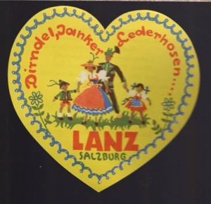 4 1/2" Herzform Dirndel, Janker Lederhose.. Lanz, Salzburg Kofferaufkleber? - Bild 1 von 2