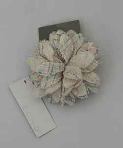 Vintage 90s ECHO 4.25” Fabric Flower Pin Brooch Pony Holder Combo • Ivory/Multi - Picture 1 of 3