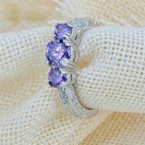 2.60Ct Round Cut Amethyst Three Stone Engagement Ring 14K White Gold Finish - Picture 1 of 4