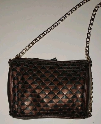 Ganson~Bolsa de Couro Acolchoada Preta e Cobre~Alça de Corrente Dourada~Vintage Anos 80 - Imagem 1 de 4