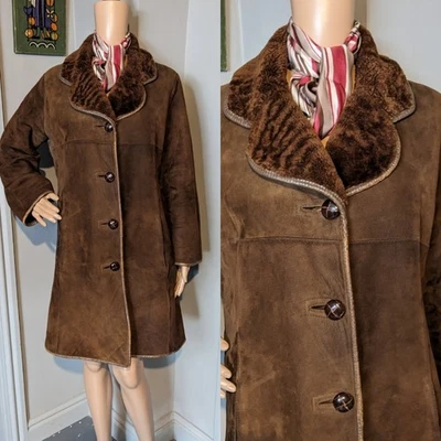 Vintage 60s 70s Sheepskin Shearling Brown Jacket Coat Mod Boho M 12 14  40 - Image 1 of 4