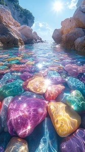 Leinwandbild bunte Kieselsteine im Wasser blau rosa Wandbild Poster Druck - Bild 1 von 22