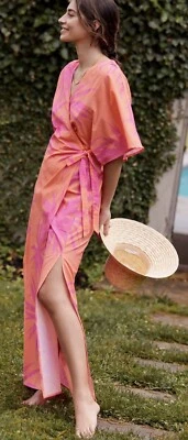 Vestido Anthropologie Envolvente Algodón Caftán Rosa Floral Vacay Beach Resort Pequeño Nuevo Foto 1 de 4