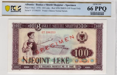 Albania 1976 100 Leke Specimen PCGS Certified Banknote UNC 66 PPQ Pick 46s2 - Image 1 of 2