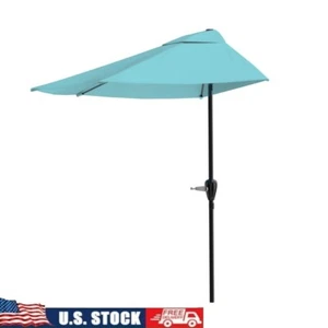 Half Umbrella Balcony Porch Deck UV Resistant Crank Open Blue Polyester Shade US - Picture 1 of 7