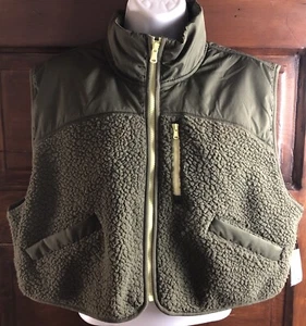 Old Navy Women's Crop Hybrid Sherpa Fleece Vest Olive Green Neon Full Zip Large - Picture 1 of 7