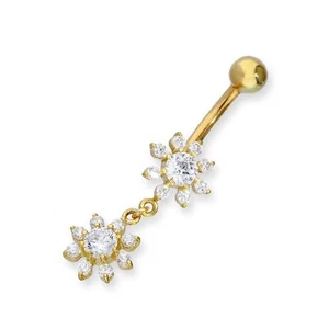 9ct Gold & Double Hanging Clear CZ Crystal Flowers Ball End Belly Bar - Picture 1 of 3