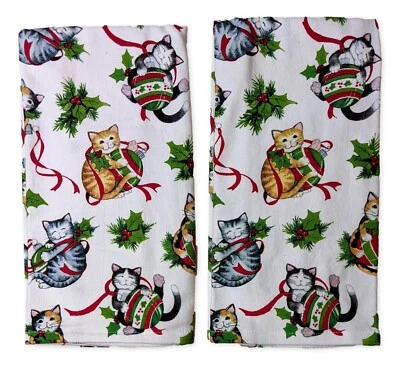 Set of 2 MEOWIE CHRISTMAS Playful Cat Terry Kitchen Towels by Kay Dee Designs - Image 1 of 2