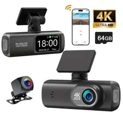 4K Ultra HD Dash Cam Front & Rear View, 64GB Card, Built-in WiFi, Phone App