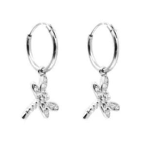 Orecchini Cerchio con Pendente Libellula in Argento Sterling 925 e Zirconi Bianc - Foto 1 di 3