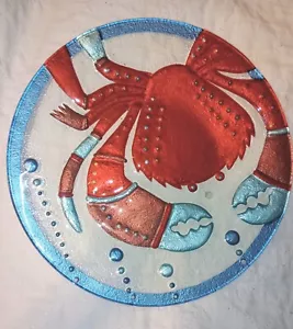 Handmade Fused Art Glass Red Crab Round Decorative Plate Beautiful & Rare - Picture 1 of 9
