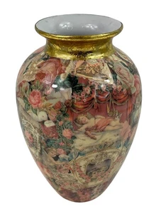 Vintage Floral Decoupage Porcelain Vase With Gold Gilded Rim Cherubs Roses - Picture 1 of 8