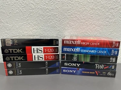 Лот из 10 пустых лент VHS смешанных брендов Sony TDK GE Maxell Fuji в заводской упаковке - Изображение 1 из 4