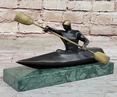 Hot Cast Canoeing Trophy Bronze Sculpture by Mario Nick Green Marble Base Decor - Image 1 of 4