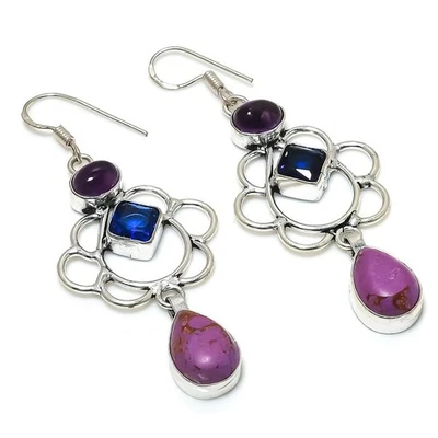 Natural Swiss Blue Topaz Gemstone 925 Sterling Silver Earring 2.76 " Z855 - Image 1 of 4