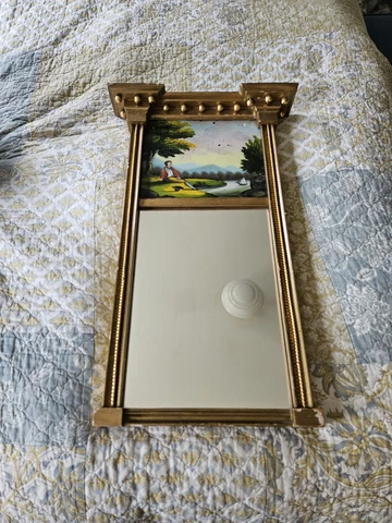 Antique Eglomise Mirror Patriotic Reverse Painted Panel Federal Period Cover