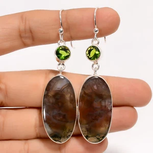 Red Moss Agate Peridot Gemstone Fashion Jewelry 925 Silver Earrings 2.5" ARE4061 - Picture 1 of 3