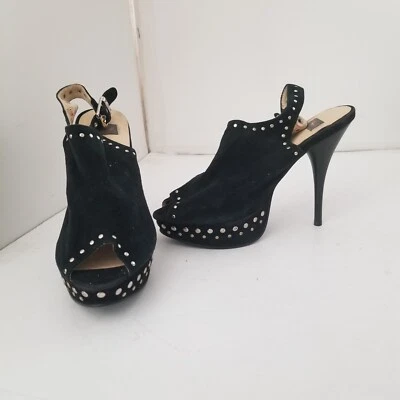 N.Y.L.A. Marca SLINGER MODEL Cuero Negro Gamuza Peep Toe Metal Tachuelas 5” Foto 1 de 4