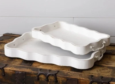 New French Country TRAYS AGED WHITE CHIPPY Handles Cottage Wood 19"W & 15.75"W - Image 1 of 2