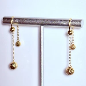 18K Yellow Gold Textured Ball & Chain Dangle Screw Threader Earrings 1.75g - Picture 1 of 7
