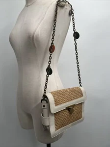Lanvin White/Beige Raffia and Leather Trim Crossbody Shoulder Bag chain and meta - Picture 1 of 24