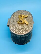 Vintage Oval Embossed Silverplate Metal Jewelry Casket Trinket Box w Gold Bow