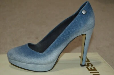 DIESEL KRISTALY BLUE/ SILVER COTTON DENIM PLATFORM HEELS- Sz EU 39/ US 8.5 - NWB - Image 1 of 4