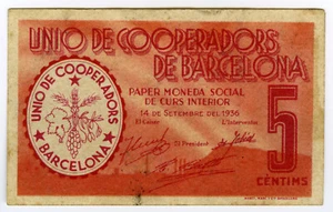 # SPAIN CIVIL WAR 1936 • UNIO COOP 5c • BARCELONA ☆ GUERRA CIVIL ESPAÑOLA ☆D1219 - Picture 1 of 2