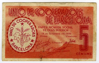 # SPAIN CIVIL WAR 1936 • UNIO COOP 5c • BARCELONA ☆ GUERRA CIVIL ESPAÑOLA ☆D1219 - Image 1 of 2